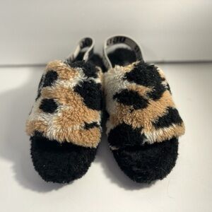 UGG Fuzzy Leopard Print Slippers with Strap